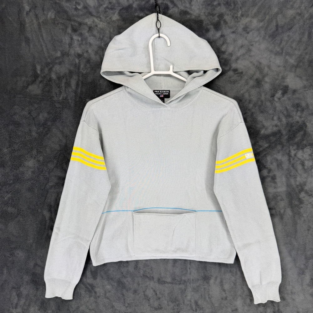 Polo Jeans Co Ralph Lauren Women Blue Cotton Knit Hoodie Sweater Yellow Stripe M